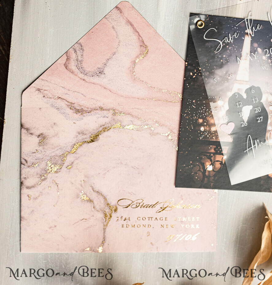 Blush Pink Marble Gold Save the Date Cards with Photo, Plexi Clear Save Our Dates with Photo