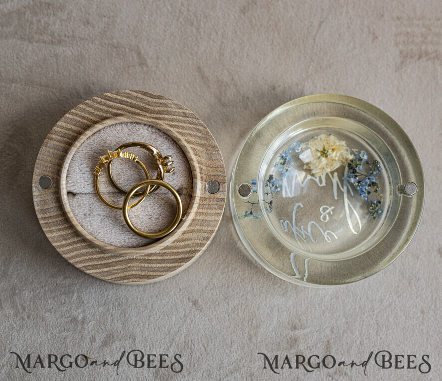 epoxy resin and wood wedding ring box for ceremony, Boho Epoxy Wedding Ring Boxes his hers, Transparent Epoxy dubble Ring Box for wedding, Wood resin flowers Marriage Proposal Ring Box