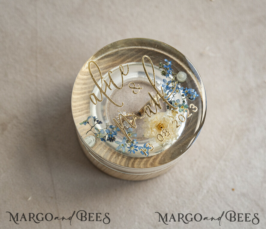 epoxy resin and wood wedding ring box for ceremony, Boho Epoxy Wedding Ring Boxes his hers, Transparent Epoxy dubble Ring Box for wedding, Wood resin flowers Marriage Proposal Ring Box