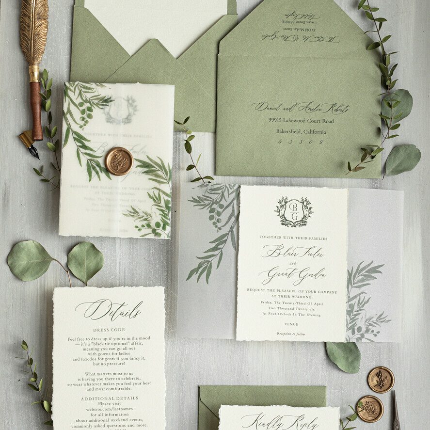 Ivory and Gold Wedding Invitation: A Tuscany Italian Floral Invitation Suite with Deckled Edges
