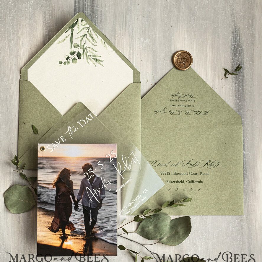 Sage green Velvet Save the Date Cards with Photo, Greenery Plexi Clear Save Our Dates with Photo