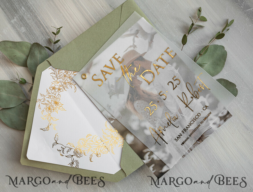 sage green Gold eucalyptus Save the Date Cards with Photo, Vellum Save Our Dates with Photo Gold Foil Calendar Cards
