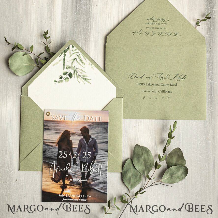 Sage green Velvet Save the Date Cards with Photo, Greenery Plexi Clear Save Our Dates with Photo