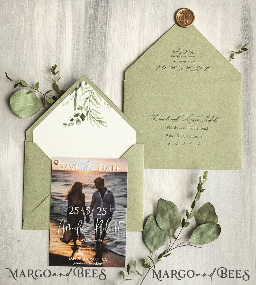 Sage Green Velvet Save the Date Cards with Photo: Greenery Plexi Clear Cards