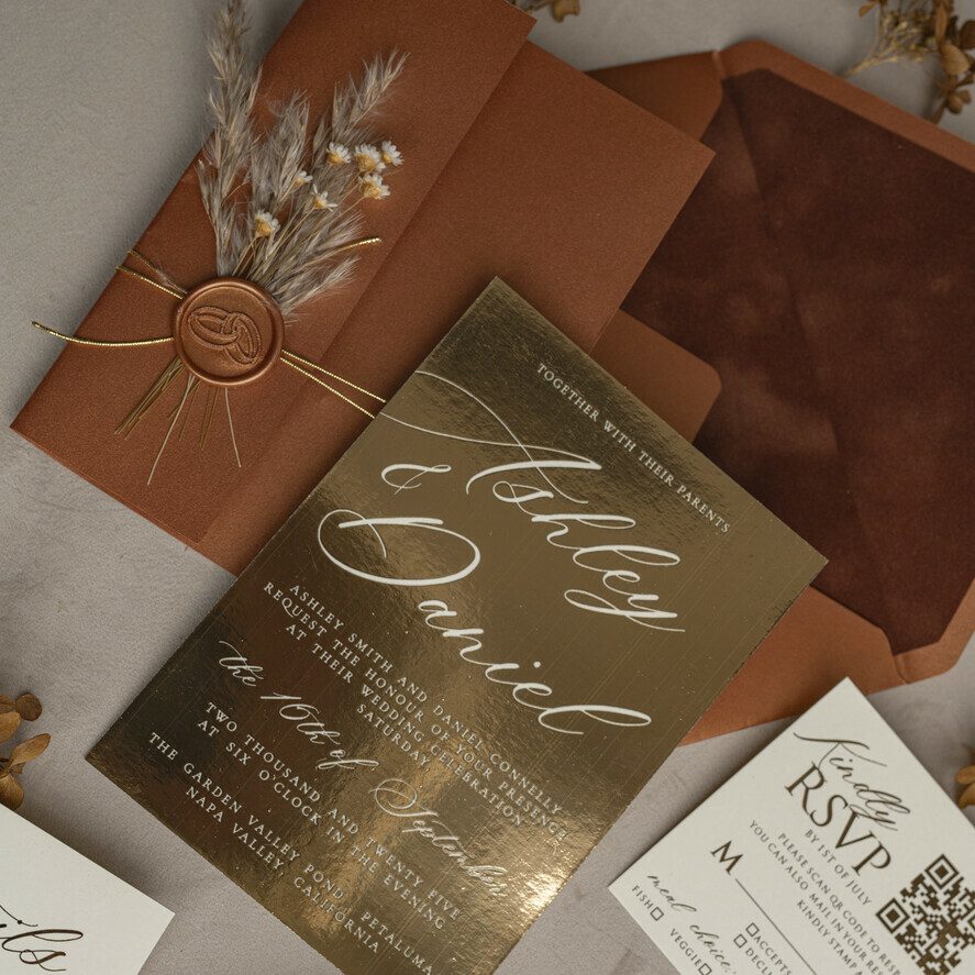 Fall Mirror gold Wedding Invitations, Elegant Terracotta Wedding Cards, Burnt orange Acrylic Wedding Invites, Mirror Gold Plexi Wedding Invitation Suite