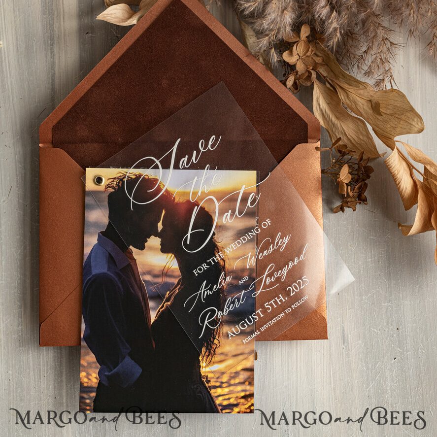 Terracotta Velvet Save the Date Cards with Photo, Plexi Clear Save Our Dates with Photo