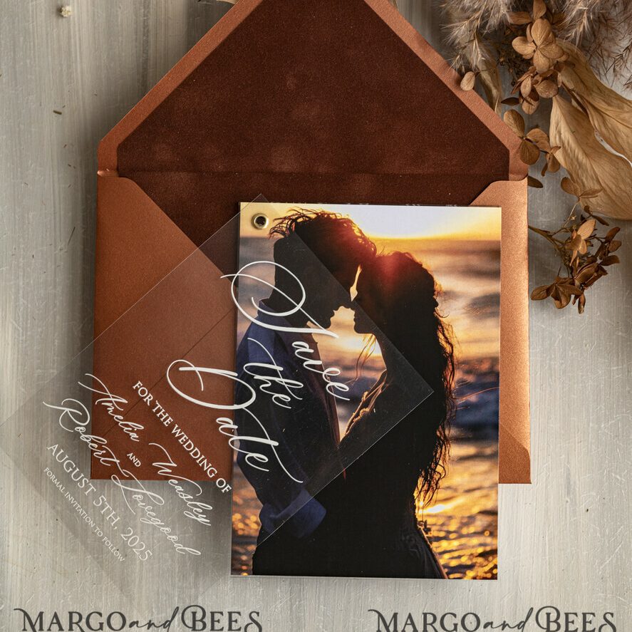Terracotta Velvet Save the Date Plexi Clear Cards with Photo