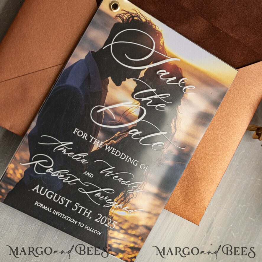 Terracotta Velvet Save the Date Cards with Photo, Plexi Clear Save Our Dates with Photo