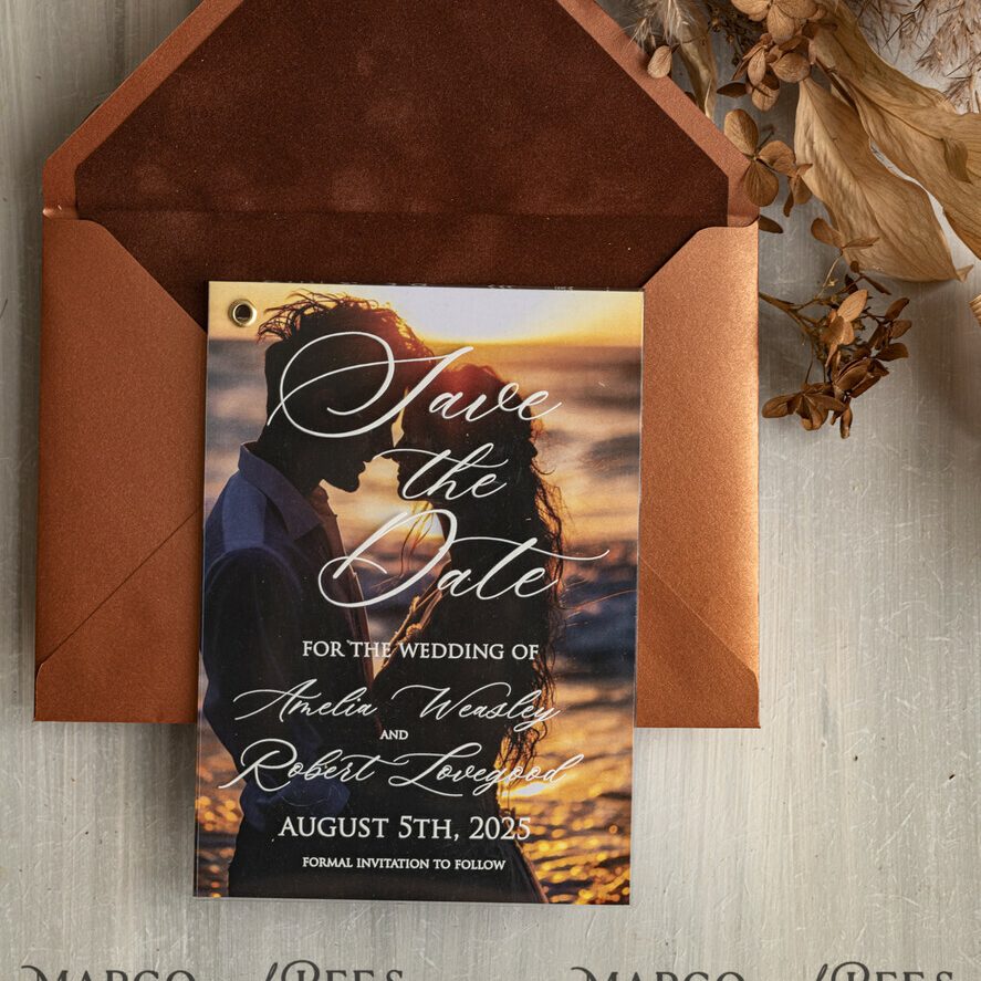 Terracotta Velvet Save the Date Cards with Photo, Plexi Clear Save Our Dates with Photo