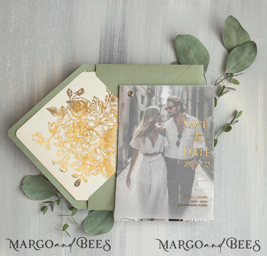 sage green Gold wild flowers Save the Date Cards with Photo, Vellum Save Our Dates with Photo Gold Foil Calendar Cards