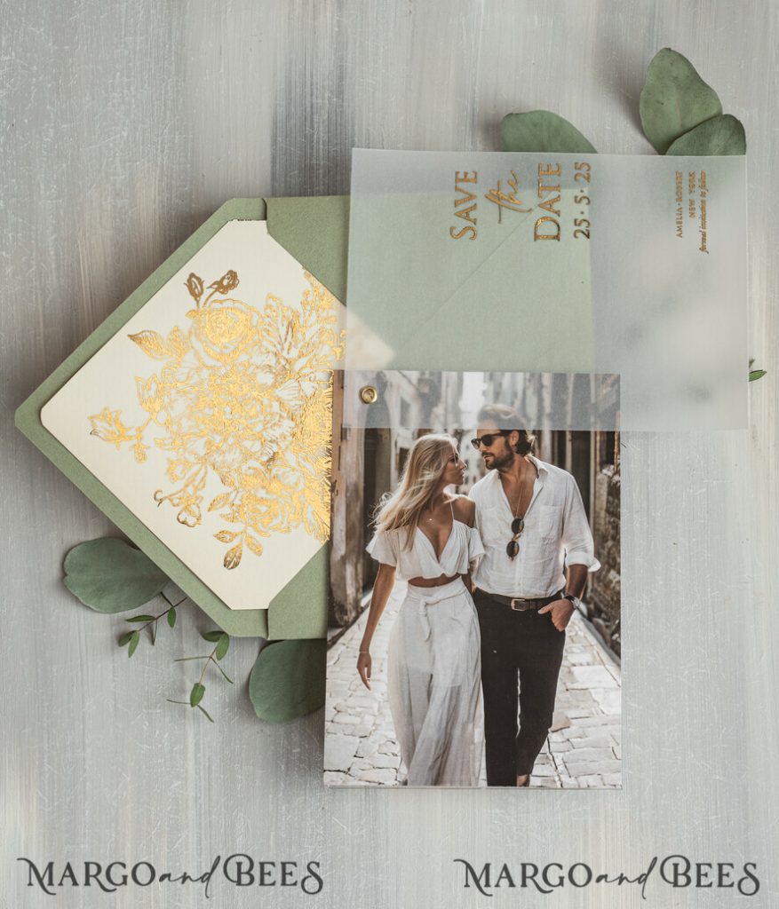 sage green Gold wild flowers Save the Date Cards with Photo, Vellum Save Our Dates with Photo Gold Foil Calendar Cards