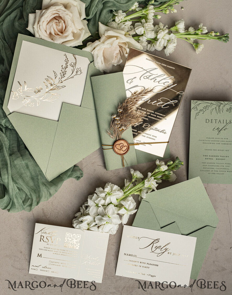 Sage Green Mirror Gold Acrylic Wedding Invitations: Elegant Garden Wedding Cards with Pampas Grass