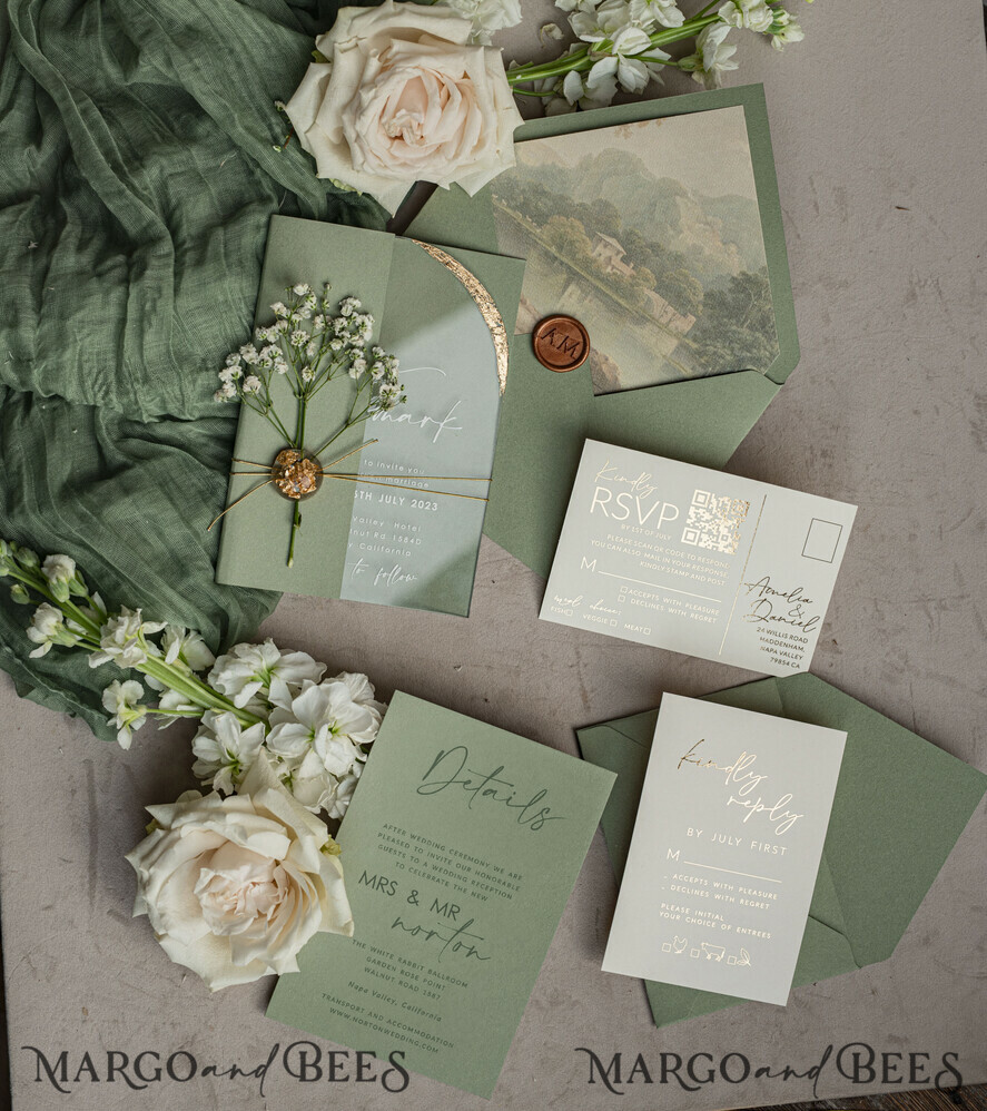 Sage Green Elegant Arched Clear Acrylic Wedding Invitations with Gold Edges