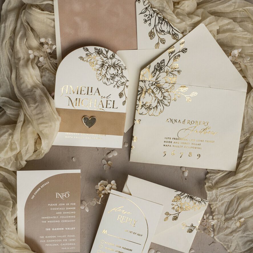 Essentials for a Classical Picturesque Dreamy Romantic Wedding Celebration: Elegant Wedding Inspiration with Ivory, Beige Velvet & Gold Floral Color Scheme
