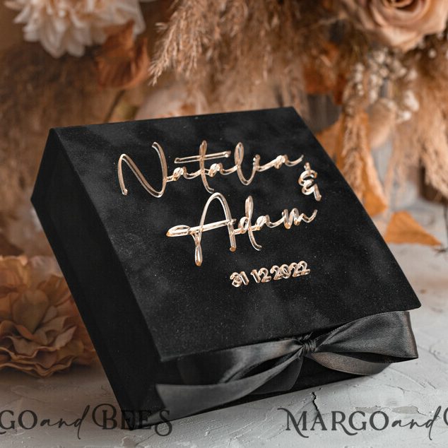 Black Golden velvet Wedding Ring Box for ceremony, Ring Box for Wedding Ceremony 3 rings velvet, Boho Glam Wedding Ring Boxes his hers, Luxury Velvet Ring box double Custom Colors