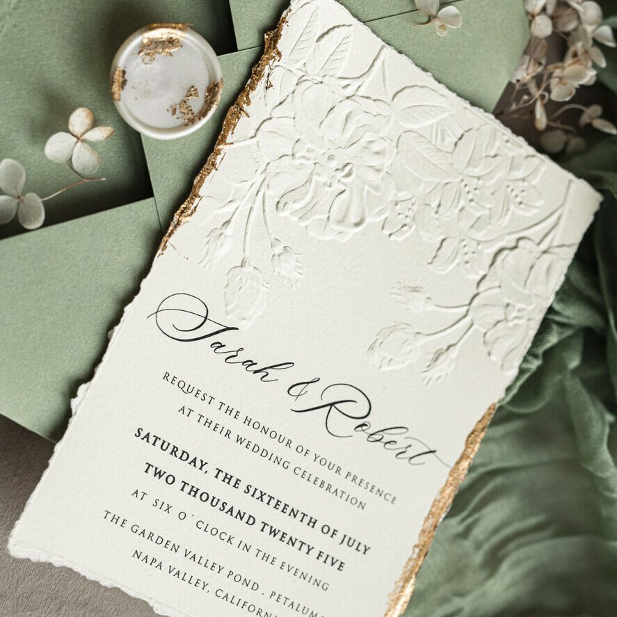 Bespoke Embossed Blind Sage green Gold Wedding Invitation, Golden greenery deboss Roses Floral Wedding Invitation, Boho Ecru Garden Debossed Invitation suite, Cotton paper wedding invitation suite, Deckled Edge Invites, Torn Edge Wedding Invitations golden