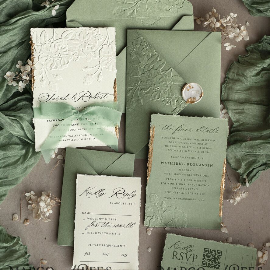 Bespoke Embossed Blind Sage green Gold Wedding Invitation, Golden greenery deboss Roses Floral Wedding Invitation, Boho Ecru Garden Debossed Invitation suite, Cotton paper wedding invitation suite, Deckled Edge Invites, Torn Edge Wedding Invitations golden