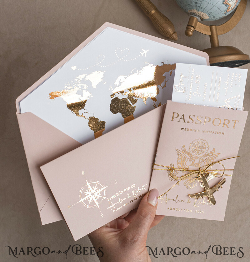 Gold Bluh pink Passport Wedding Invitation, Golden Wedding Cards Boarding Pass, Travel Passport Wedding Invitations Abroad