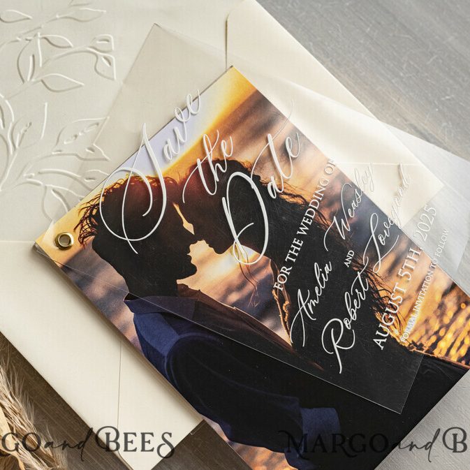 Embossed Save the Date Cards with Photo, Ivory Plexi Clear Save Our Dates with Photo