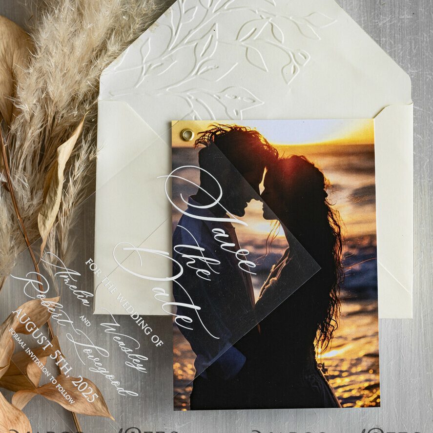 Embossed Save the Date Cards with Photo, Ivory Plexi Clear Save Our Dates with Photo