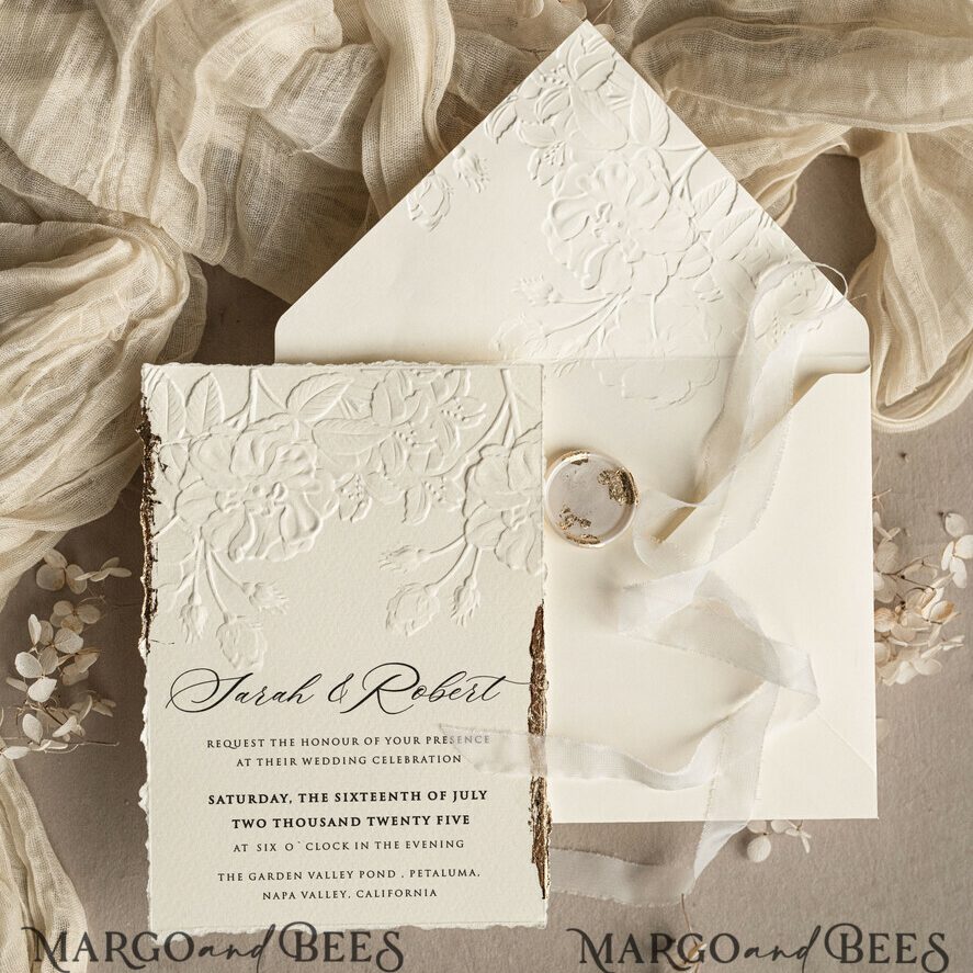 Fine Art Embossed Blind Ivory Gold Wedding Invitation, Golden deboss Roses Floral Wedding Invitation, Boho Ecru Debossed Invitation suite, Cotton paper wedding invitation suite, Deckled Edge Invites, Torn Edge Wedding Invitations golden