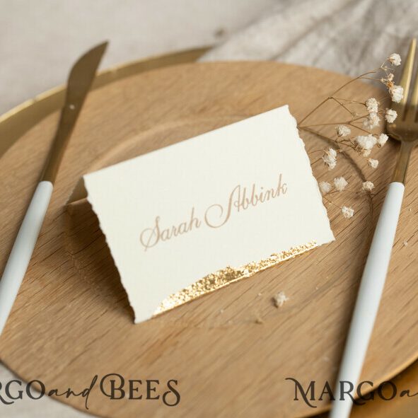 Romantic Gold Foil Wedding Place Cards, Ivory Wedding Escort Card with deckled edges, Elegant place cards, Personalized wedding decoration