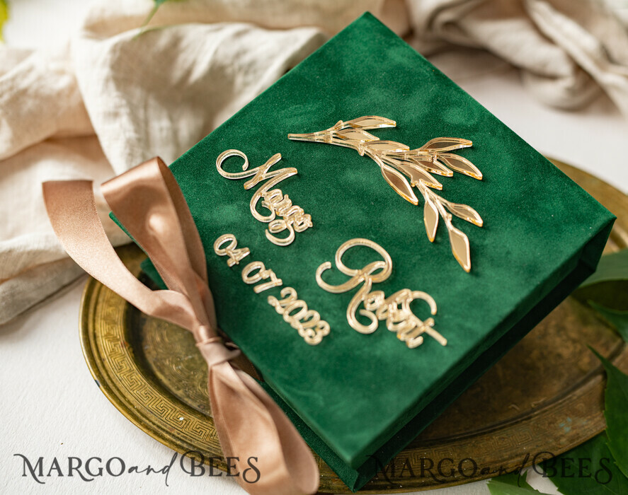 green Golden velvet Wedding Ring Box for ceremony, Ring Box for Wedding Ceremony 3 rings velvet, Boho Glam Wedding Ring Boxes his hers, Luxury Velvet Ring box double Custom Colors