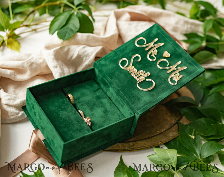 green Golden velvet Wedding Ring Box for ceremony, Ring Box for Wedding Ceremony 3 rings velvet, Boho Glam Wedding Ring Boxes his hers, Luxury Velvet Ring box double Custom Colors