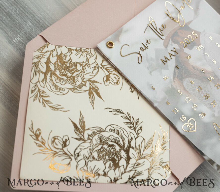 Pink Gold peonies Save the Date Cards with Photo, Vellum Save Our Dates with Photo Gold Foil Calendar Cards