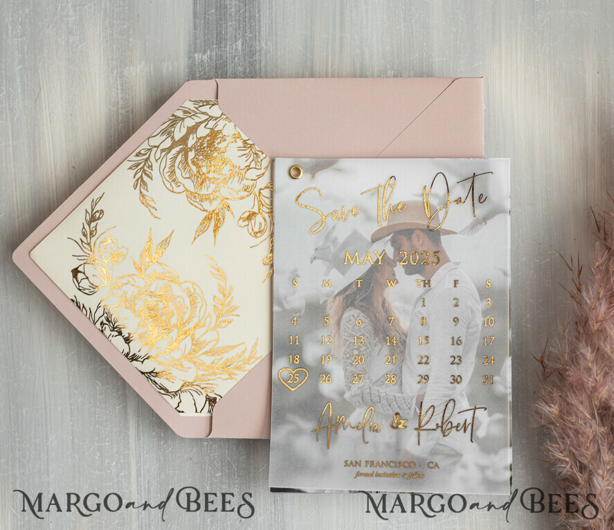 Pink Gold peonies Save the Date Cards with Photo, Vellum Save Our Dates with Photo Gold Foil Calendar Cards