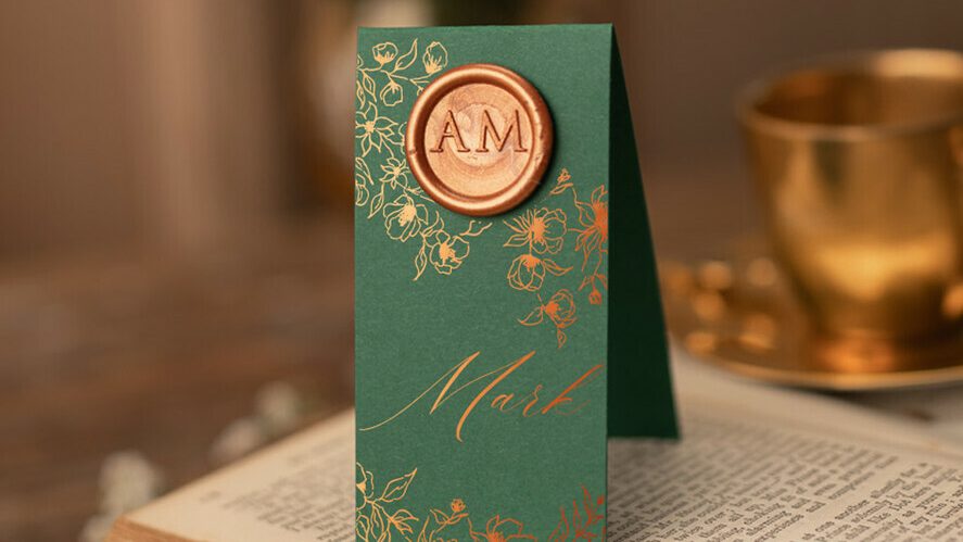 Modern Bottle Green Wedding Place Cards with Shiny Gold Foil, Elegant Wedding Name Tags with Wax Seal, Botanical Wedding Stationery, Glamour Custom Escort Card