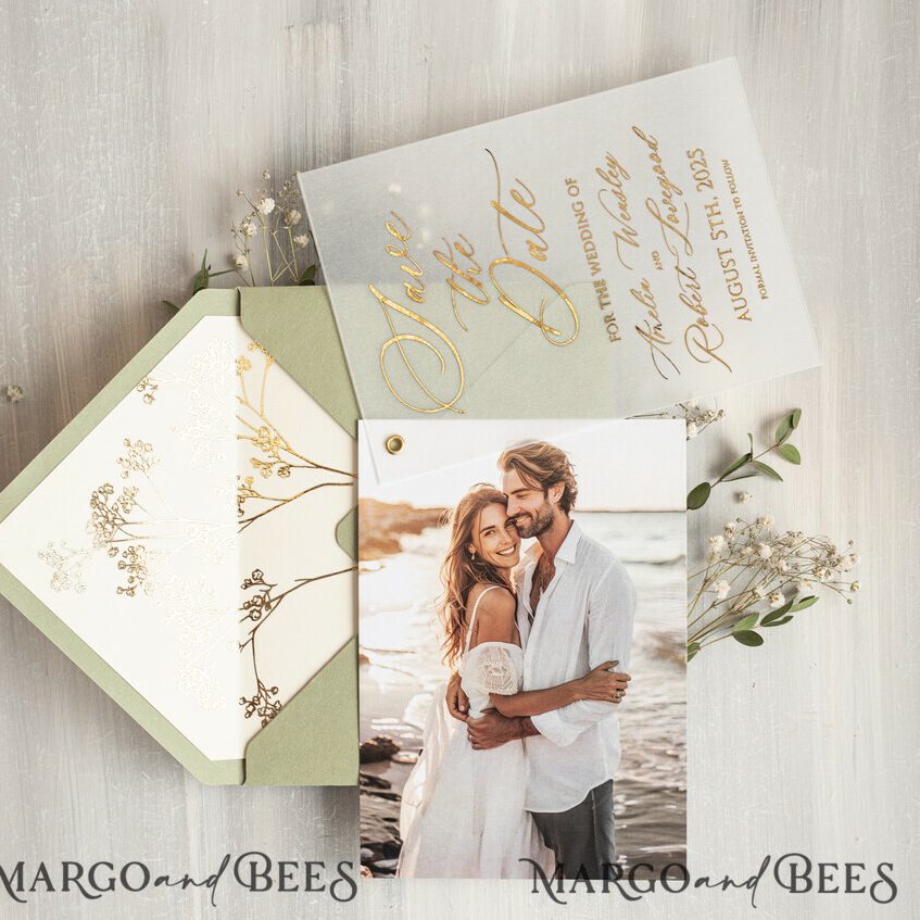 sage green Gold Baby Breath Save the Date Cards with Photo, Vellum Save Our Dates with Photo Gold Foil Calendar Cards