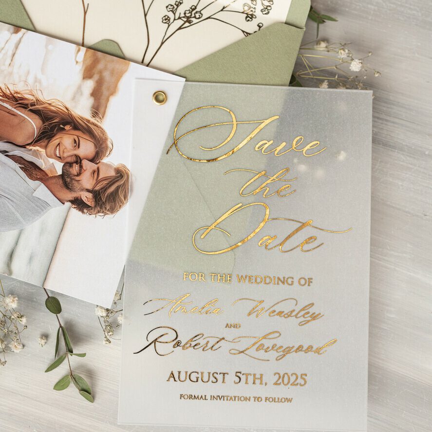 sage green Gold Baby Breath Save the Date Cards with Photo, Vellum Save Our Dates with Photo Gold Foil Calendar Cards