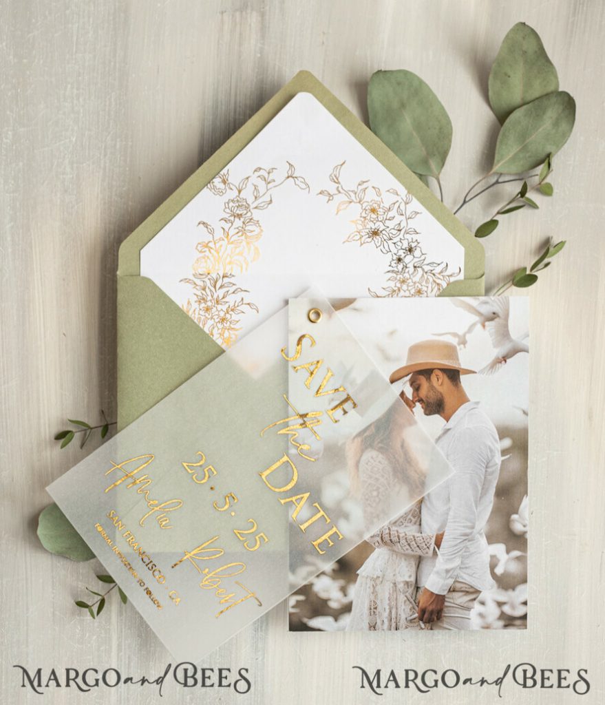 sage green Gold eucalyptus Save the Date Cards with Photo, Vellum Save Our Dates with Photo Gold Foil Calendar Cards