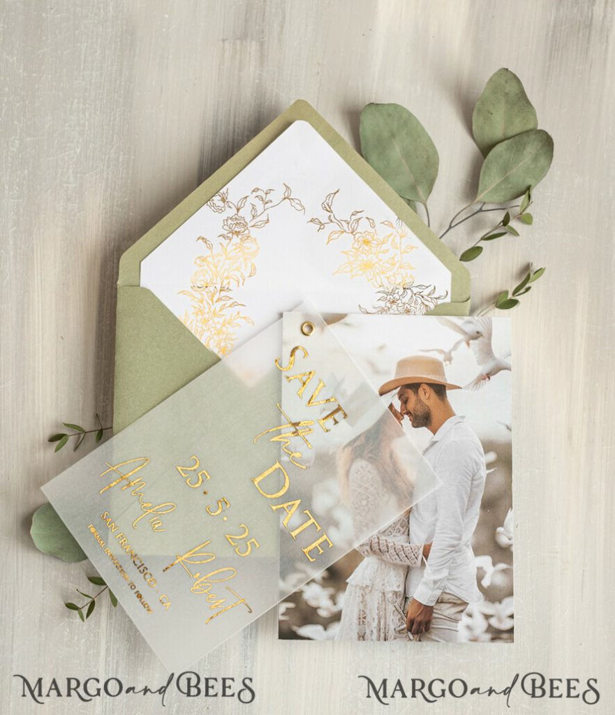 sage green Gold eucalyptus Save the Date Cards with Photo, Vellum Save Our Dates with Photo Gold Foil Calendar Cards