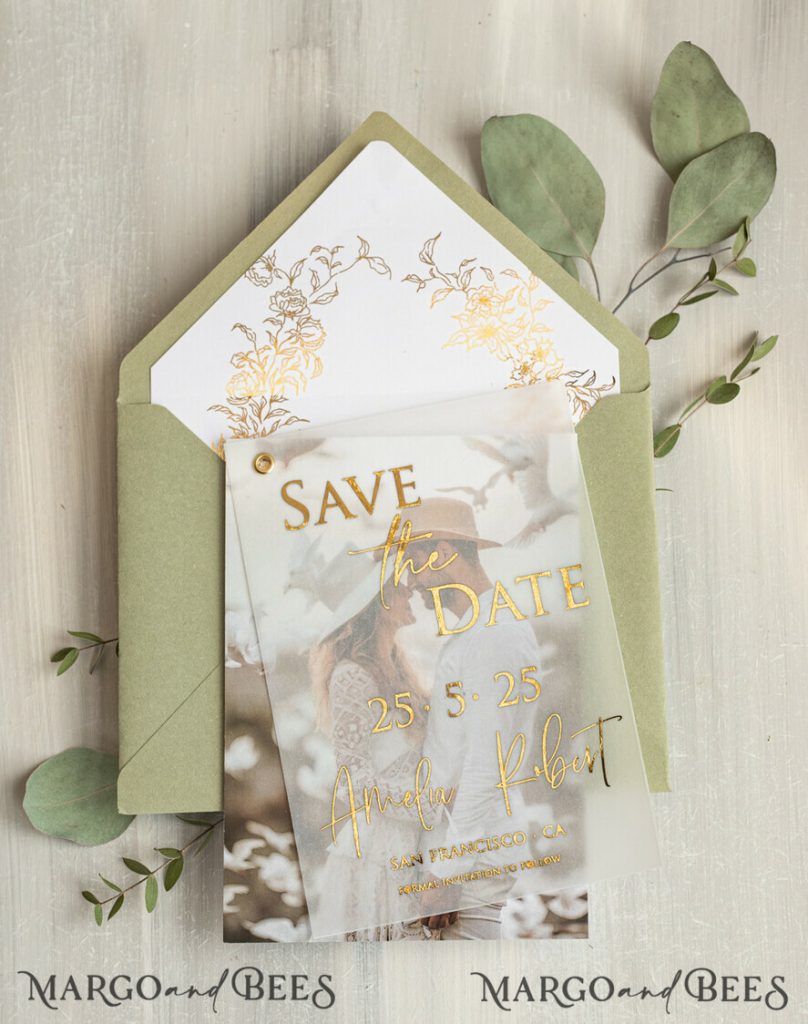 sage green Gold eucalyptus Save the Date Cards with Photo, Vellum Save Our Dates with Photo Gold Foil Calendar Cards