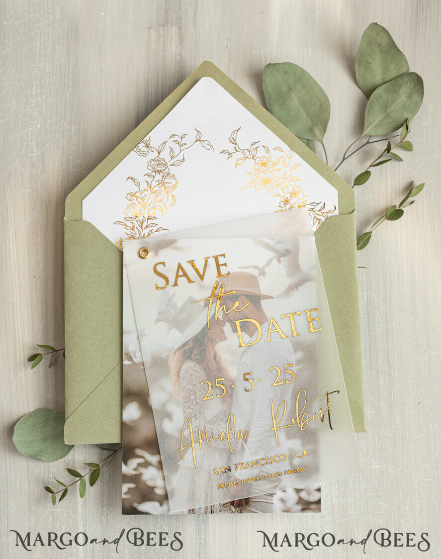 Sage Green Baby Breath Flowers Save the Date Cards with Photo