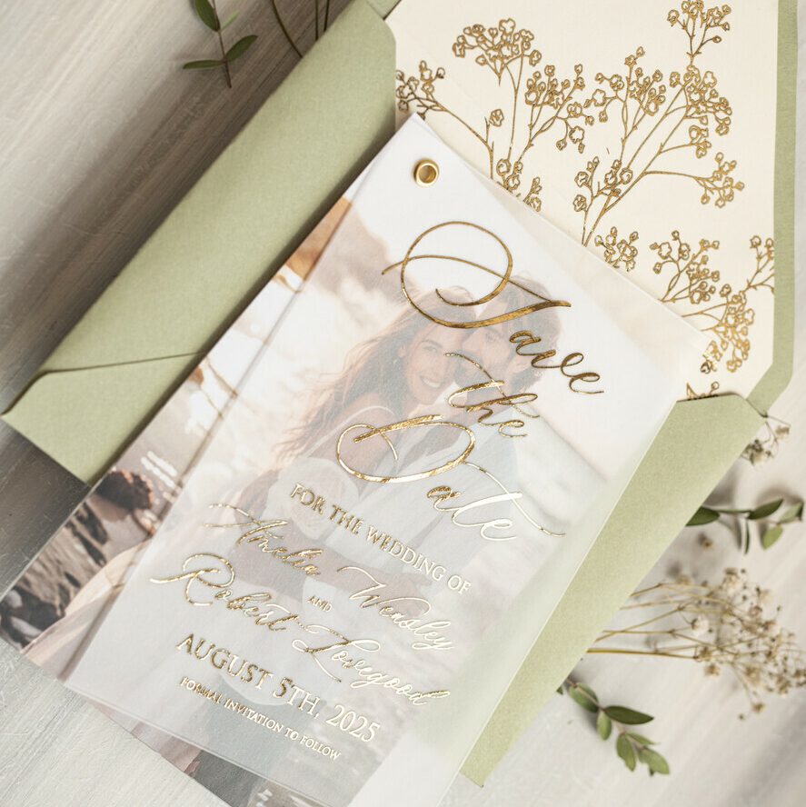 sage green Gold Baby Breath Save the Date Cards with Photo, Vellum Save Our Dates with Photo Gold Foil Calendar Cards