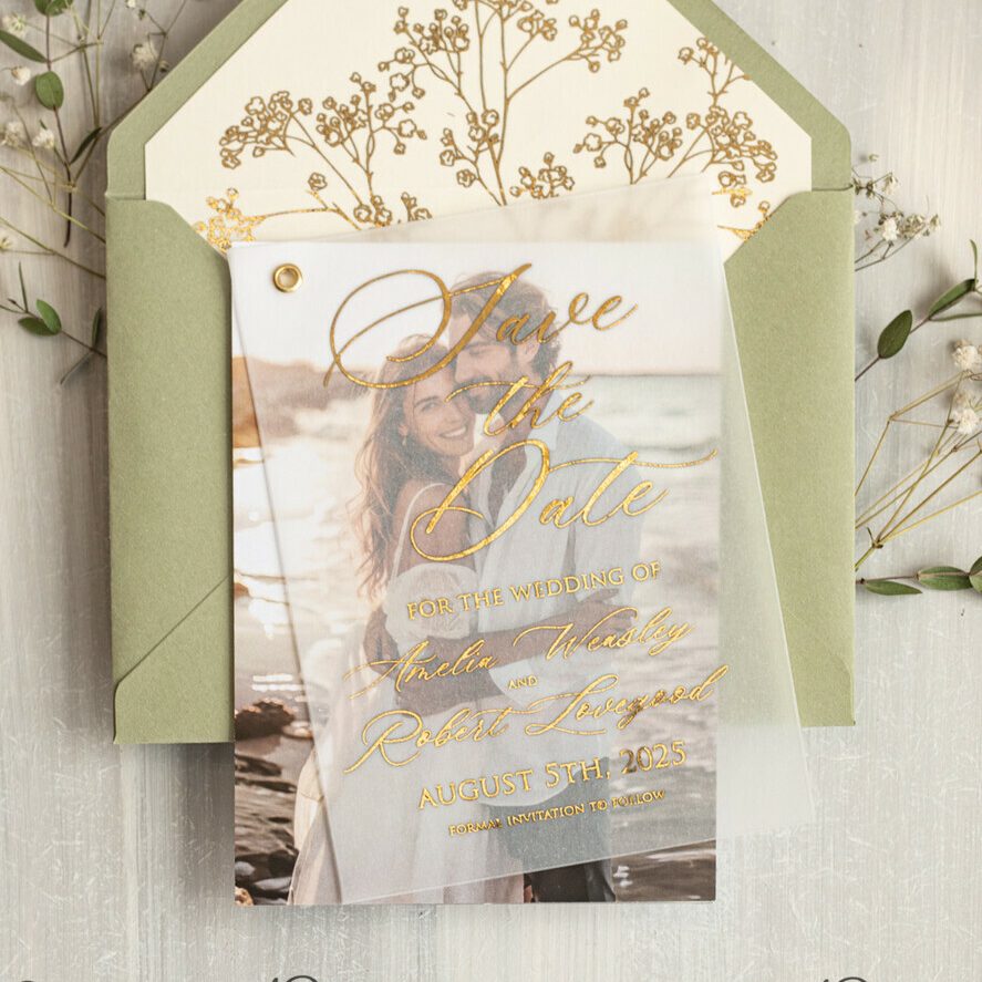 Sage Green Gold Baby Breath Save the Date Cards with Photo