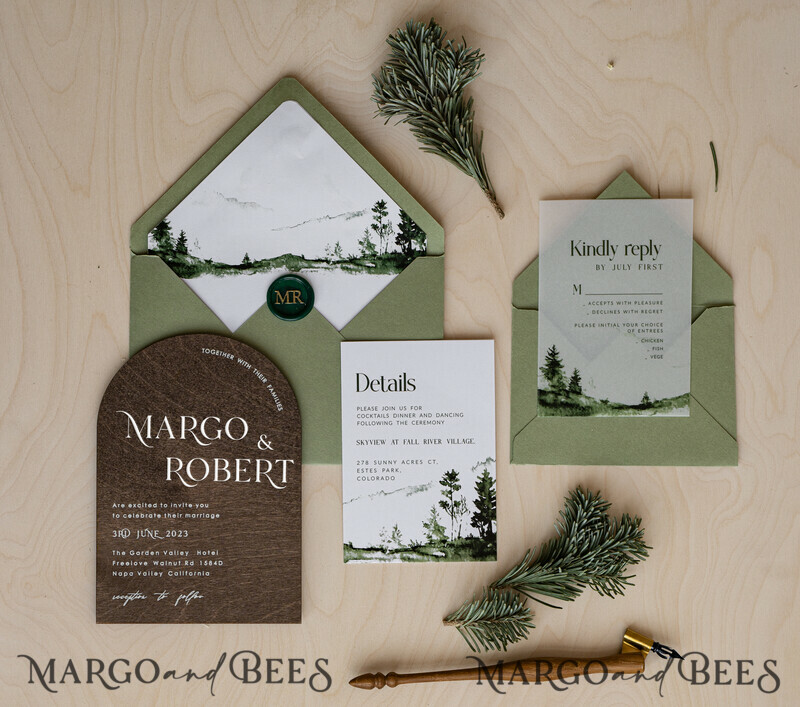 Forest Wood Wedding Invitation Suite, Modern Rustic Wedding Invites, Natural Wooden Invitations Suite Wedding Cards