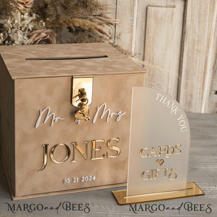 Beige Card Box and Arch Acrylic Cards & Gifts Clear Sign, Velvet Rust Wedding Card Box with Lid, Burnt Orange Wedding Money Box, Copper Wedding Card Box cards and gift Arch acrylic sign set