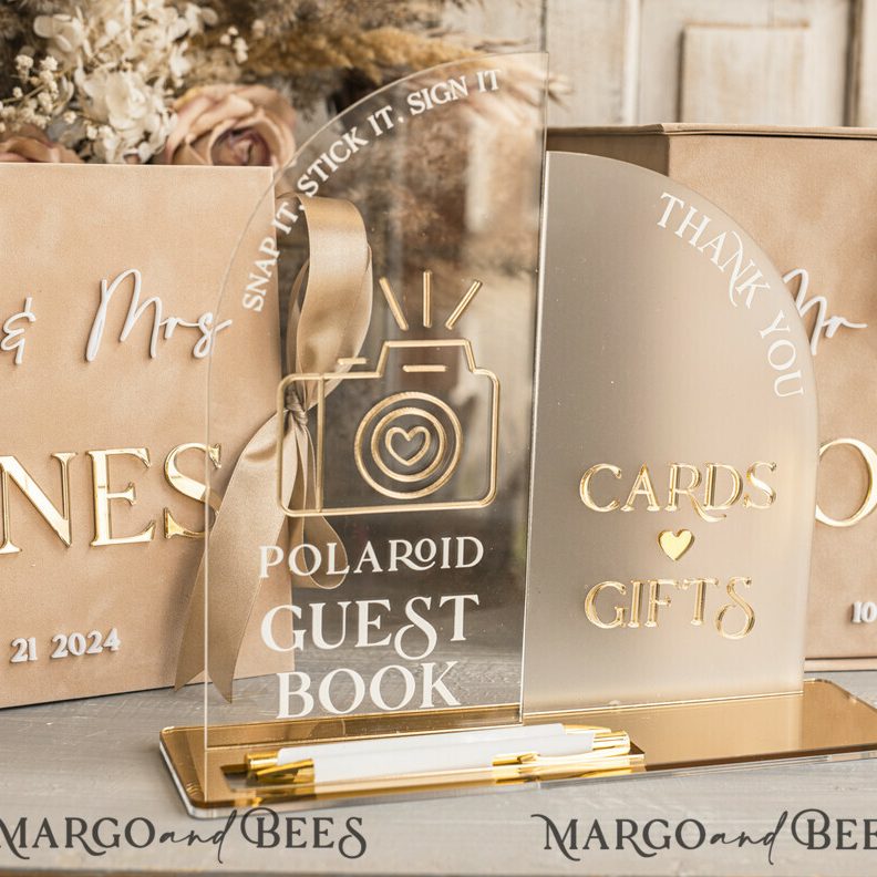 Beige gold Velvet Set Card Box with lock & Polaroid Guestbook & Cards gifts Sign instax instruction sign combo and pens set, fall Wedding Card Box with Lid Instant Instax Guestbook Wedding Money Box Sing Guestbook Set