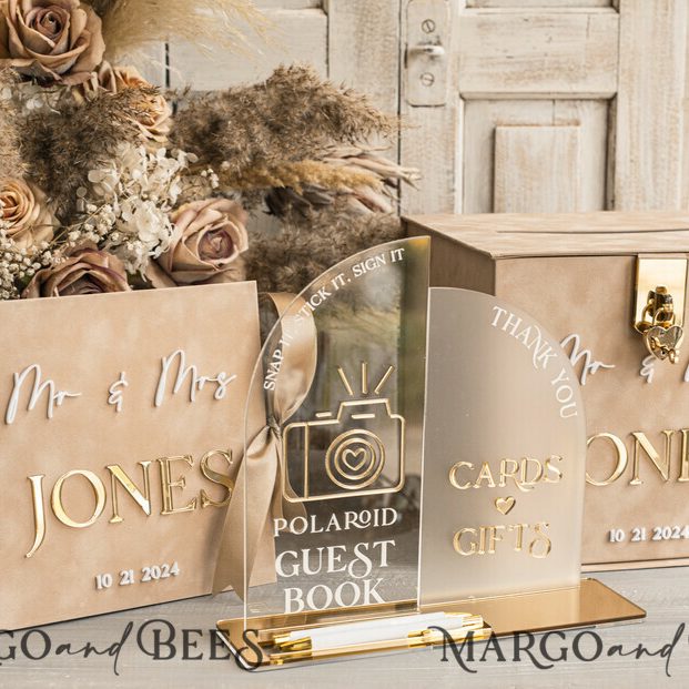 Beige gold Velvet Set Card Box with lock & Polaroid Guestbook & Cards gifts Sign instax instruction sign combo and pens set, fall Wedding Card Box with Lid Instant Instax Guestbook Wedding Money Box Sing Guestbook Set