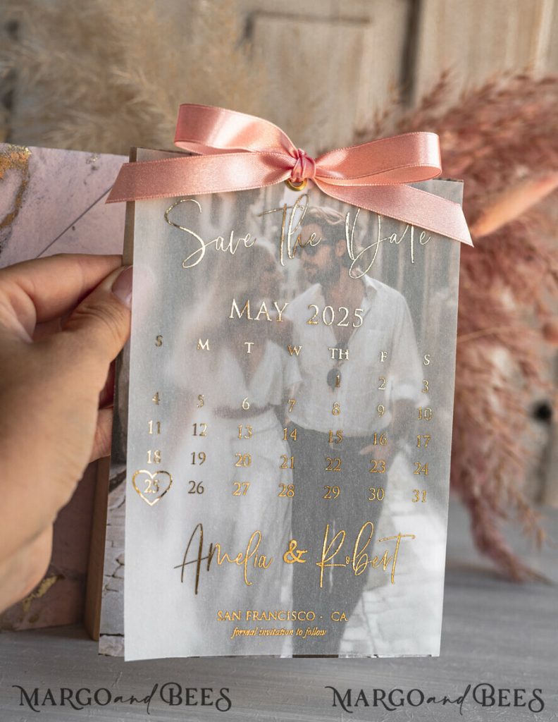 Pink Gold Marble Save the Date Cards with Photo, Vellum Save Our Dates with Photo Gold Foil Calendar Cards