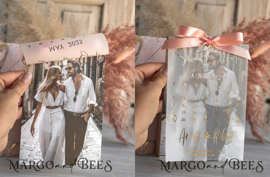 Pink Gold Marble Save the Date Cards with Photo, Vellum Save Our Dates with Photo Gold Foil Calendar Cards