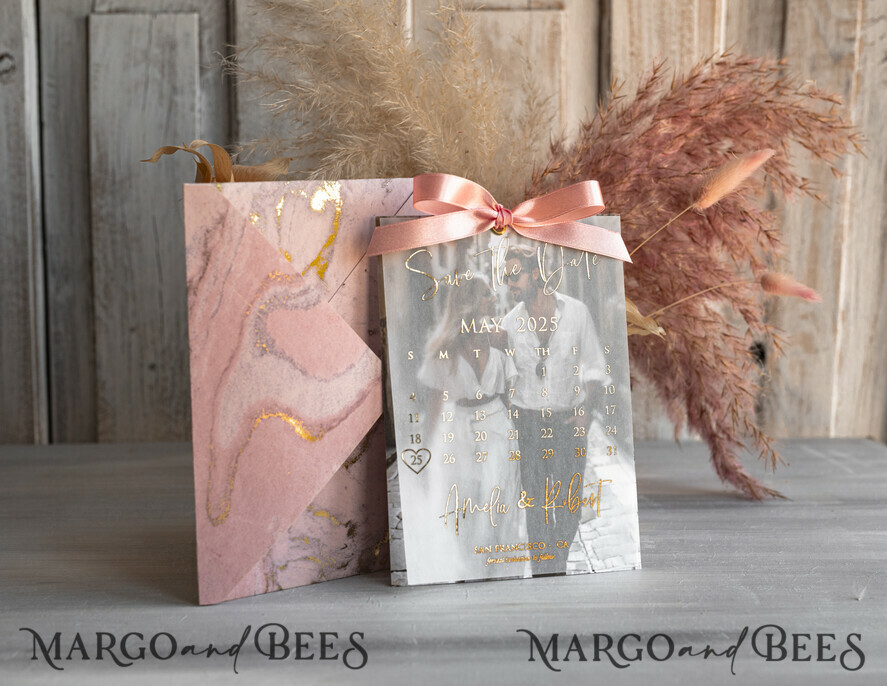 Pink Gold Marble Save the Date Cards with Photo, Vellum Save Our Dates with Photo Gold Foil Calendar Cards