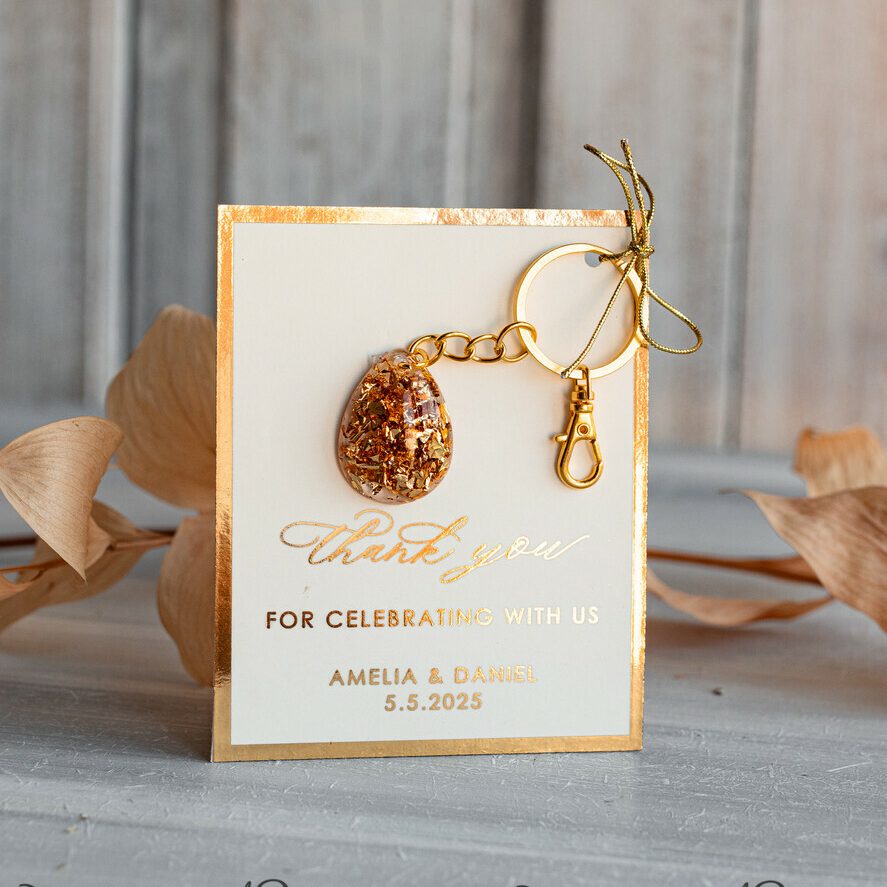 Gold Keychain Wedding Favors: Teardrop Design with Gold Sprinkle and Ivory Thank You Card