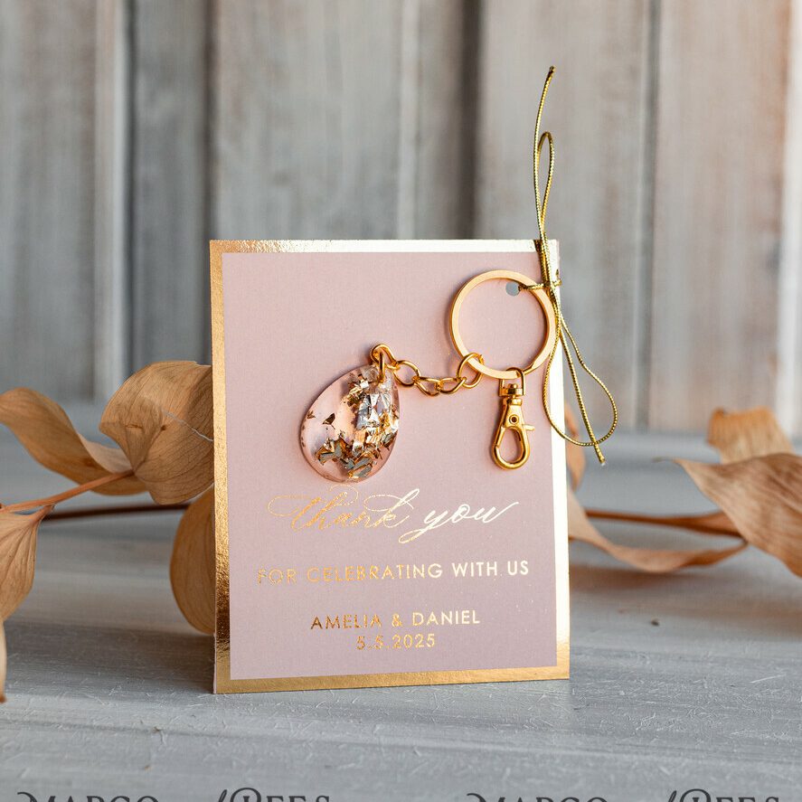 Gold Keychain Wedding Favors: Teardrop Design with Gold Flakes and Pink Thank You Card