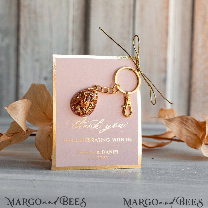 Gold Keychain Wedding Favors: Teardrop Design with Gold Sprinkle and Pink Thank You Card