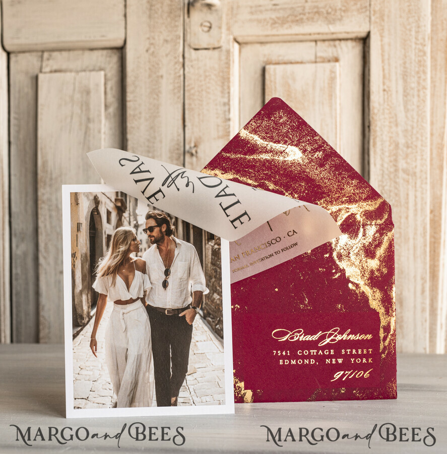 Maroon Tassel Gold Marble Save the Date Cards with Photo, Burgundy Vellum Save Our Dates with Photo Gold Foil Calendar Cards